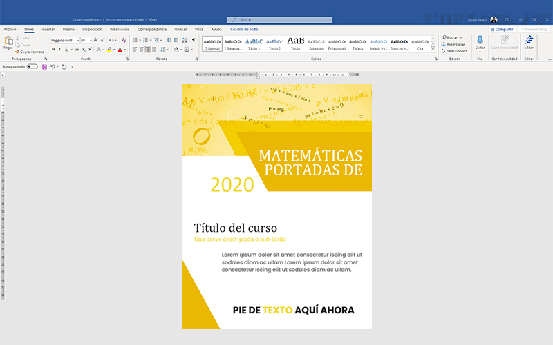Ejemplo de interfaz de Microsoft Word con portada de matemática